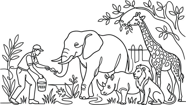Zoo Keeper Feeding Animals: Elephant, Giraffe, Rhino, Lion
