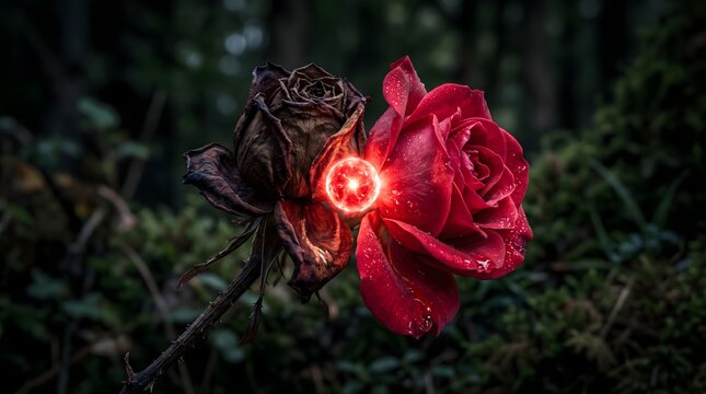 A glowing orb of magical energy bridges a withered, dying brown rose and a vibrant, blooming red rose, a powerful metaphor for the eternal cycle of life, death, and rejuvenation.