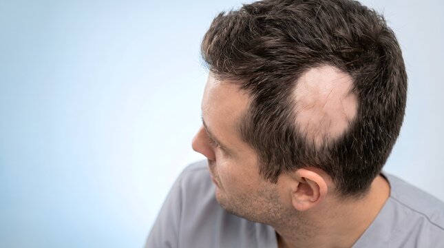 Patchy Alopecia Areata Hair Loss on Male Scalp with Medical Background