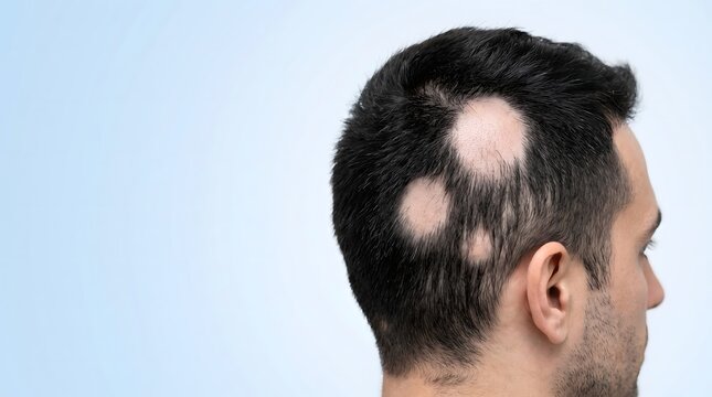 Close Up of Patchy Alopecia Areata and Circular Bald Spots on Scalp