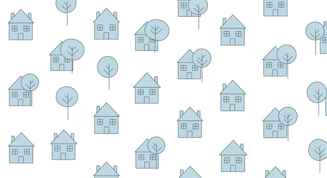 Minimalist neighborhood pattern with blue houses and simple trees