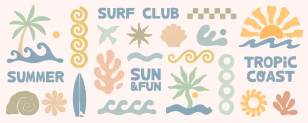 Retro surf graphic set with tropical coast icons,waves,sun,palm trees,seashells,surfboard,organic nature shapes and forms.Summer beach elements for print design templates,branding,packaging,stickers © Xenia Artwork 