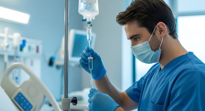 A male nurse in blue scrubs and a face mask adjusts an IV drip bag in a hospital room.