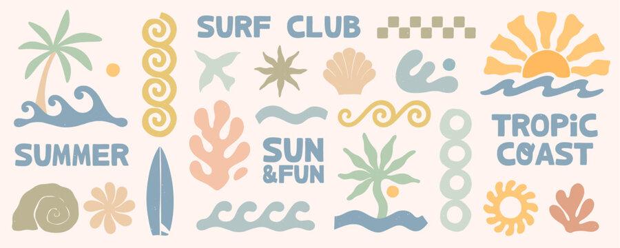 Retro surf graphic set with tropical coast icons,waves,sun,palm trees,seashells,surfboard,organic nature shapes and forms.Summer beach elements for print design templates,branding,packaging,stickers