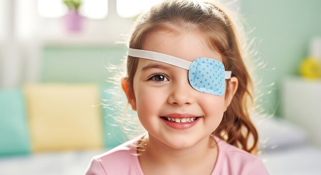 A smiling young girl with a blue polka dot eye patch covering her left eye, wearing a pink shirt, indoors.