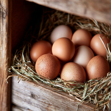 Fresh Farm Eggs Resting Inside Rustic Chicken Coop Nest With Straw, Natural Countryside Poultry Farming Scene Showing Organic Eggs in Traditional Wooden Hen House Environment
