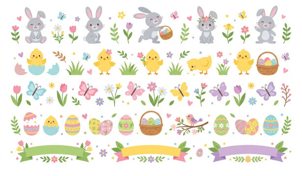 Cute Easter seamless pattern vector set with cartoon bunnies yellow chicks painted eggs butterflies flowers and baskets on a white background