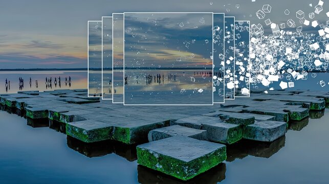 Conceptual Digital Transformation and Data Fragmentation Visual featuring Floating Modular Frames and Dispersing Voxel Cubes over Coastal Concrete Architecture for Cloud Computing and Virtual Reality