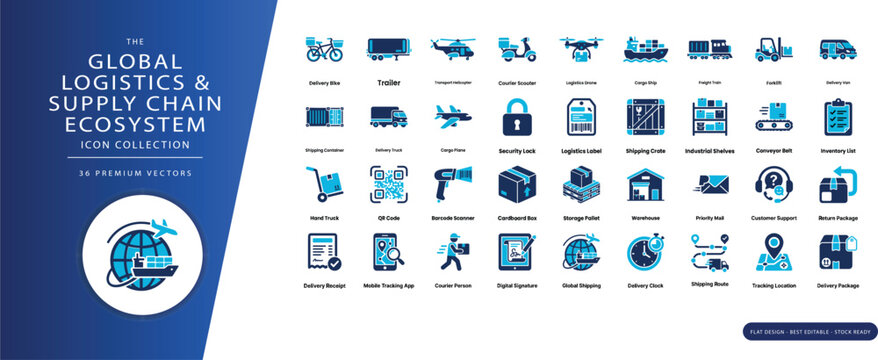 Global Logistics and Supply Chain Ecosystem Vector Icon Set, smart warehouse operations, real time shipment tracking, cross border freight mobility and integrated global distribution networks.