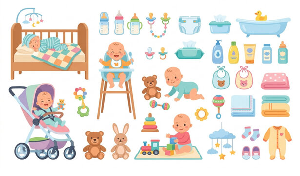 Cute cartoon baby characters and newborn nursery care accessories vector bundle featuring high chair crib bottles diapers and toys isolated on white background.