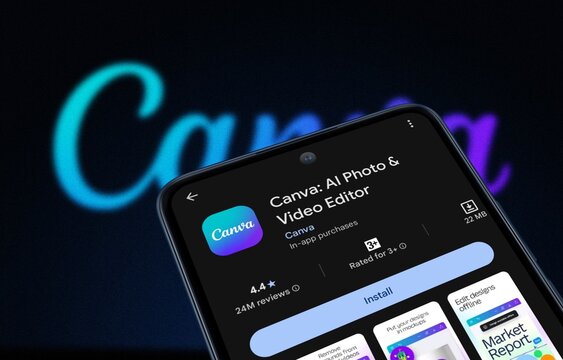Canva app install for Android smartphones. Canva app is seen on the Google Play Store. Graphics design App & Website company