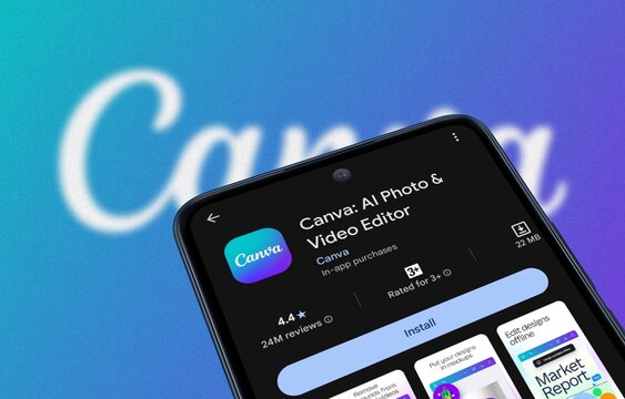 Canva app install for Android smartphones. Canva app is seen on the Google Play Store. Graphics design App & Website company