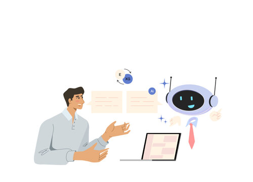 AI translating text for human communication and multilingual conversation support. Flat vector illustration isolated on white background