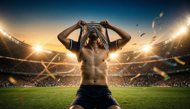 shirtless soccer player pose, stadium victory celebration, football championship match, sweaty athlete on the pitch