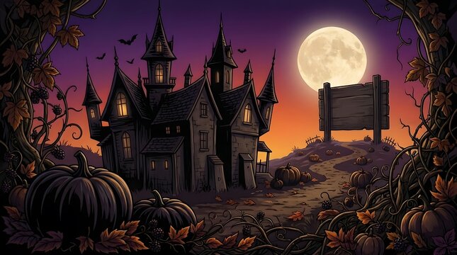 Haunted house illustration with full moon and pumpkins