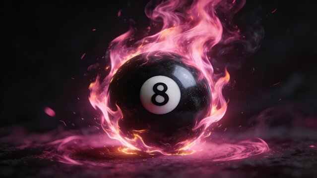 Magic eight ball in pink flames. A striking image featuring a black billiard ball with the number eight engulfed in mystical pink fire on a dark background.