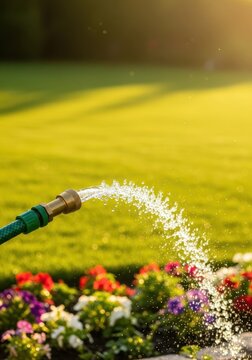 Green garden hose spraying water onto lush green grass and flower beds on a sunny afternoon, showing summer yard work and hydration effort, irrigation, pressure, drip