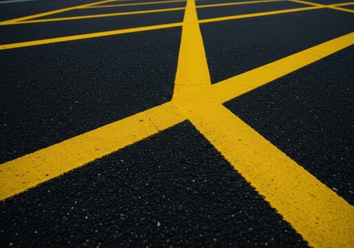 Lignes jaunes vives peintes sur la chauss&eacute;e noire, cr&eacute;ant un contraste net et marquant la division des voies de circulation, arri&egrave;re-plan, jaune, motif
