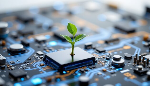 A small green plant with two leaves is emerging from the central processing unit of a computer motherboard