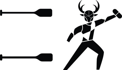 Abstract Geometric Athlete Icon Set Featuring Running Figure with Horned Helmet and Wooden Rowing Oars for Sports Branding Logos and Web Elements © kanichfatima