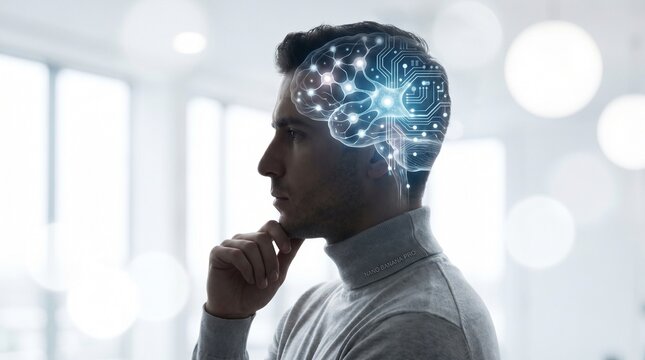 Profile of a thoughtful man with a digital brain visualization representing artificial intelligence and cognitive computing