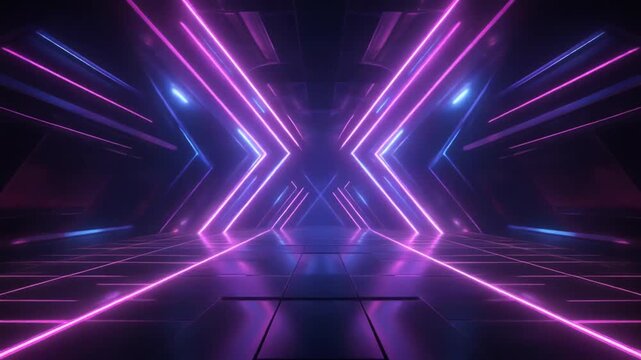 futuristic neon tunnel with glowing lines and geometric patterns in a dark, vibrant atmosphere, digital art