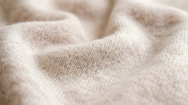 Close-up of a soft, light beige knit fabric with gentle folds, highlighting its cozy texture.