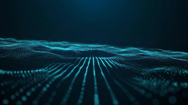 Abstract blue glowing digital particles forming wave patterns in dark space