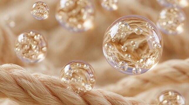 Liquid bubbles deeply clean enlarged fabric fibers. blood stains, coffee stains, sauces remove, 3d rendering.	