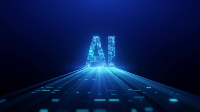Glowing blue AI text made from circuit board patterns standing on a digital data track with light rays on dark background. Futuristic artificial intelligence concept for technology and innovation