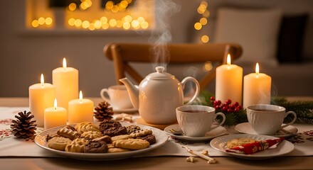 Fototapeta premium Cozy table setting with candles steaming teapot cookies for a relaxing tea time at home in the evening home life relaxation lifestyle beverage peaceful