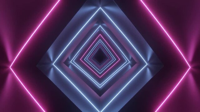 Mesmerizing Abstract Tunnel of Glowing Neon Lights with Repeating Geometric Diamond Shapes Creating a Futuristic Digital Portal Illusion