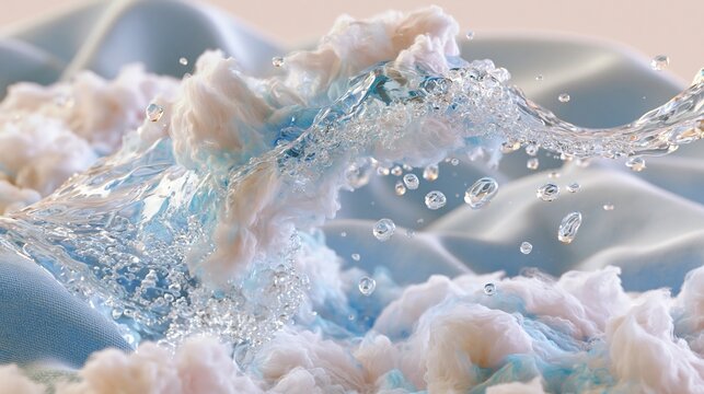 Liquid bubbles deeply clean enlarged fabric fibers. blood stains, coffee stains, sauces remove, 3d rendering.	