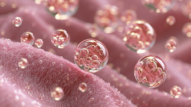 Liquid bubbles deeply clean enlarged fabric fibers. blood stains, coffee stains, sauces remove, 3d rendering.	