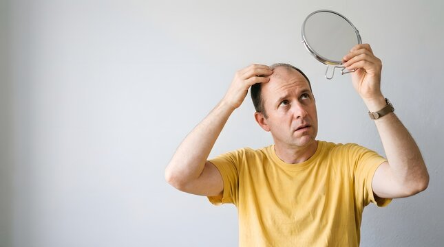 Middle Aged Man Checking Thinning Hair Baldness Mirror Concerned Expression White Background Hair Loss Alopecia Healthcare Awareness Male