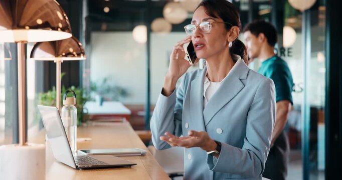 Tech, cafe or businesswoman with phone call for remote work, investment advice or planning for taxes. Smile, laptop or mature advisor with mobile for wealth management tips, freelance or restaurant