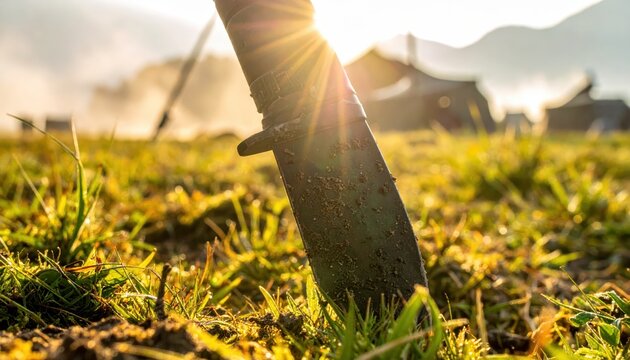 Army issue entrenching tool partially folded and covered in dirt lying in sunlit grass
