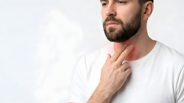Man Touching Sore Throat Red Inflammation Pain White Background Healthcare Symptom Tonsillitis Thyroid Neck Discomfort Medical Awareness
