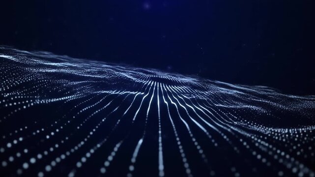 Futuristic digital wave pattern with glowing blue lines and dots on dark background