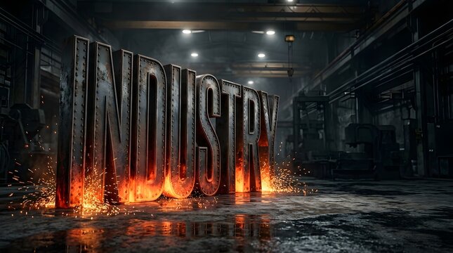 Industry Bold Fire Lava Text 3D Dark Warehouse Dramatic Glowing Sparks Industrial Background Digital Art Cinematic Typography Illustration