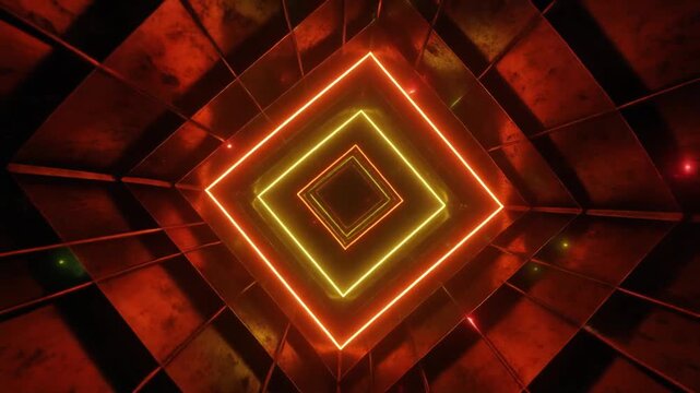 Hypnotic Abstract Tunnel of Red and Yellow Neon Squares with a Dramatic Cinematic Glow