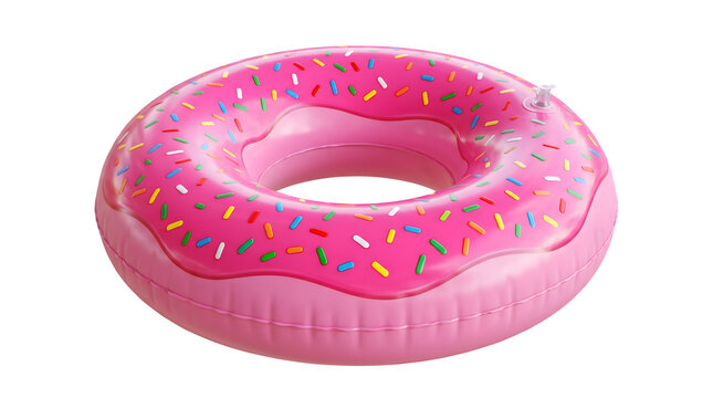 Pink donut pool floatie with colorful sprinkles isolated on transparent background.