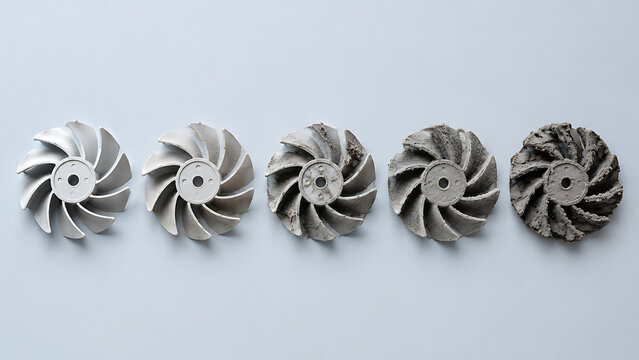 Five impeller fans showing oxidation and rust progression with impeller corrosion oxidation industrial mechanical engineering degradation weathering components material