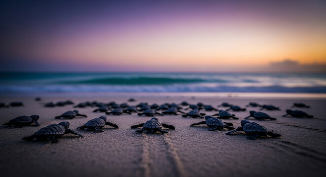Newly hatched sea turtles making their way to the ocean at sunset.