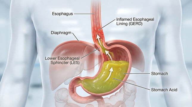 Illustration of gastroesophageal reflux disease (GERD) showing stomach acid flowing back into the esophagus