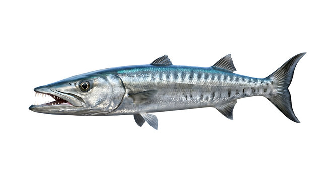 Barracuda fish swimming with open mouth showing sharp teeth.