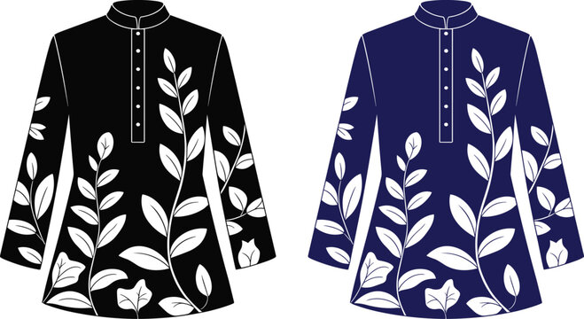 Two stylized floral patterned shirts one black and one navy blue on white background clothing fashion