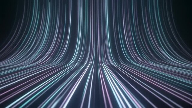 Dynamic flow of neon light trails creating a futuristic abstract background, representing digital technology, high-speed data, and network communication