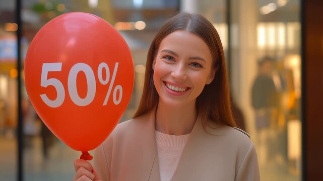 Smiling woman holding a discount balloon with a store background, video indicating product discounts, promotional videos.