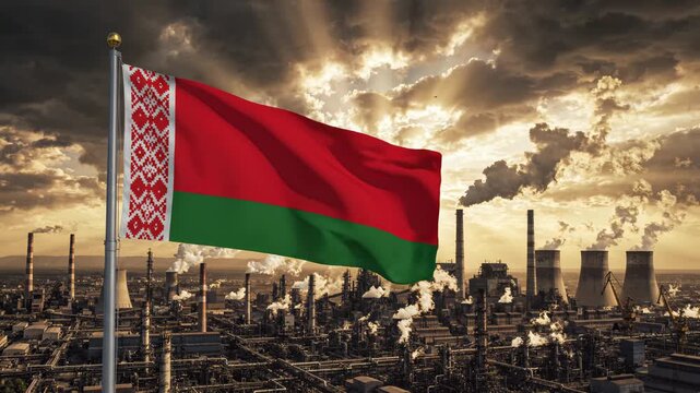 Belarus flag waving over industrial factory